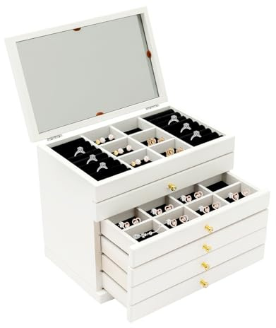 Schmuckkasten Groß, 6 Ebenen Schmuckschatulle mit Spiegel, 4 Schubladen, Samtfutter und Deckel, Damen Schmuck Organizers für Ringe Ohrringe Ketten, Weiß, 30 x 19 x 25 cm