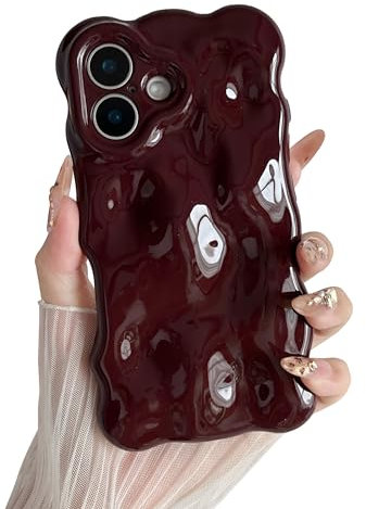 XIZYO Case for iPhone 16 6.1 Inch, Cute Burgundy Solid Color Curly Wave Shape Soft TPU Bumper Phone Case, for Women Girls Aesthetic Design Silicone Slim Shockproof Phone Cover, Wine Red