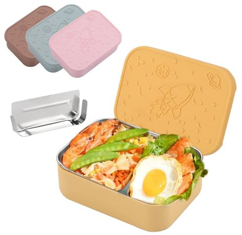 KENTROON Stainless Steel Lunch Box with Silicone Lid,Leakproof Bento Lunch Box with a Movable Divider, 850ml Lightweiht Sandwich Salad Box Container for Children and Adults Office and School Yellow