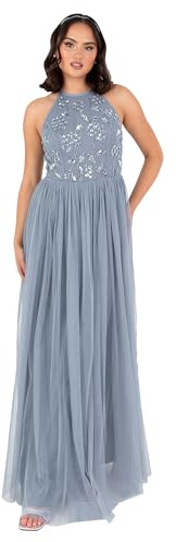 Maya Deluxe kvinnors maxiklänning kvinnors hållare hals ärmlös blommig paljett Embellished tyll A-line bridesmaid bal boll gown, dammblå 36, Dammblå, 36