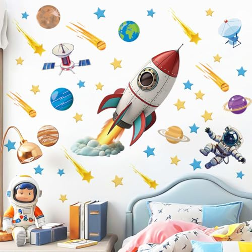 Runtoo Großer Weltraum-Raketenschiff-Wandaufkleber, Planeten, Astronaut, Wandaufkleber, Baby, Kinderzimmer, Jungen, Kinderzimmer, Spielzimmer, Wanddekoration