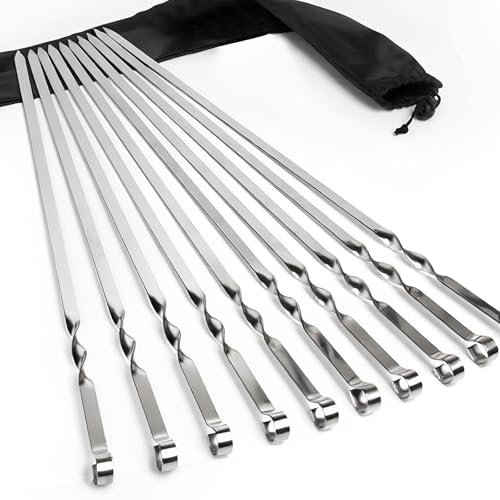 GXFCING Spiedini per barbecue in acciaio inox, 55 cm, 10 pezzi, extra lunghi, piatti, spiedini in metallo, con custodia