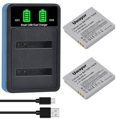 Uwayor 1200Amh NB-4L Akku mit USB Ladegerät für Canon IXUS 30, 40, 50, 55, 60, 65, 70, 75, 80 is, 82 is, 100 is, 110 is, 115 HS, 120 is, 130, 220 HS, 230 HS, 255 HS, I Zoom, i7, i7 Zoom
