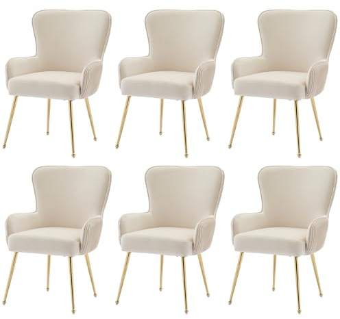 Esszimmerstuhl Set mit Armlehnen verstellbaren Füßen Lendenwirbelstütze Samt Lounge Sessel für Wohnzimmer Esszimmer Küchen Restaurant Stühle bis 120 kg Belastbar 6-teilig Beige+Gold