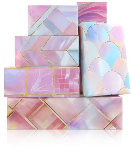 Elegantes Marmor-Geschenkpapier, 6 Bögen, rosa und lila, glänzendes Geschenkpapiergitter mit goldfarbener Linie, Edelstein-Geschenkpapier für Frauen, Männer, Geburtstag, Hochzeit, Jahrestag, Geschenke