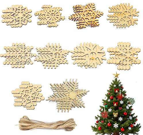 Adornos Navidad madera 40 piezas copos nieve colgantes 5 cm decoración árbol ventanas manualidades fiesta invierno, Rebanadas Colgantes para Decoración, Regalo, Ventana y Fiesta con Cuerda
