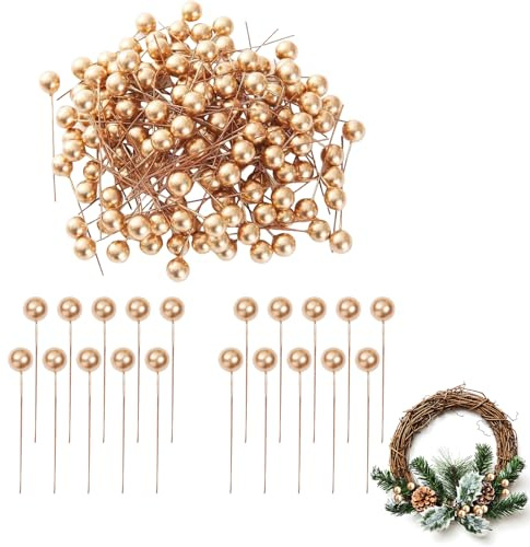 Myluatye Weihnachten Stechpalmen Beeren,Künstliche Holly Beeren,100 Stück Mini Künstliche Berries,Weihnachts Berry Deko,für Weihnachtsbäume,Kranz (Gold)