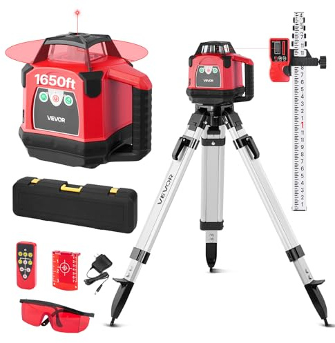 VEVOR Rotary Laser Level Kit, 1650ft 360-Degree Self Leveling Red Horizontal Laser Transit,with Heavy-duty Tripod, Receiver, Remote Control, Toolcase, IP54 Waterproof, 0.06 in/100 ft for Construction