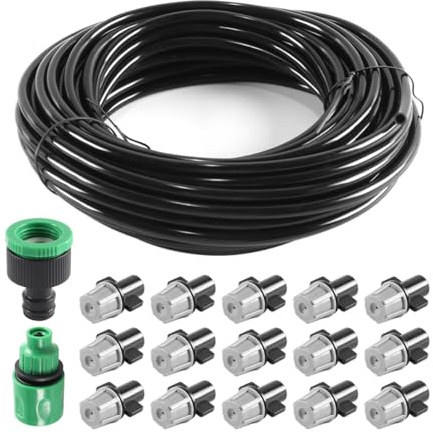 Durlo Sistema de enfriamiento por nebulización, kit de riego por goteo de 15 m, manguera de riego de 4/7 mm, boquilla, aspersores y adaptador de grifo para jardín exterior.