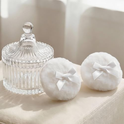 Glass Body Powder Puff Container, 4 Inch Body Powder Jar with 2 Puffs | Dusting Powders Container, Dusting Talcum Powders Storage, for Women, Makeup & Skin Care Home Vanity Use