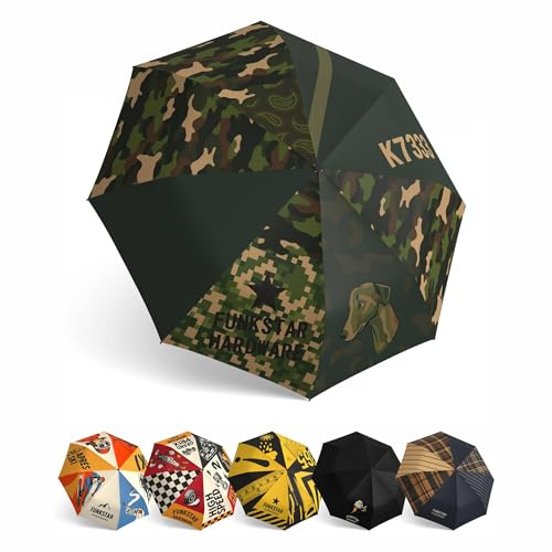 Funkstar Hardware® Paraguas plegable compacto | Diseño de Camofunk | Fibra de vidrio de 8 nervaduras resistente al viento | Apertura y cierre automático | Impermeable | Cabe en una bolsa