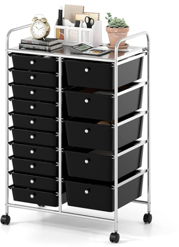 TANGZON 15 Drawers Storage Cart, Multipurpose Mobile Organizer with Lockable Wheels, Utility Rolling Trolley for Home Office Stationery Beauty & Salon (Black, 62x39x96cm)