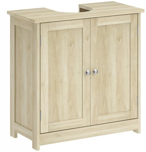 kleankin Mobile Sottolavabo per Bagno Moderno 60x30x60 cm Rovere | Ripiano Regolabile, Mobiletto Sottolavabo con Intaglio a U, Mobile Bagno Salvaspazio, Adatto a Lavabi a o senza Colonna