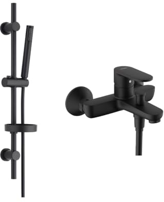 Belvit Hansgrohe Vernis Blend Wannenmischer Set, Keramikmischsystem, Kopfbrause, Handbrause Mehrstrahl, Duschstange 85 cm, Umsteller Wanne Dusche, Duschsystem, Wandmontage, Schwarz Matt