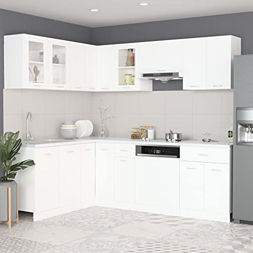 QUAHEAS 11-teilig Küchenzeile Lyon Weiß Holzwerkstoff mit Glas Hängeschränken und Unterschränken, Geschirrspülerblende, Stauraum für Esszimmer und Speisekammer