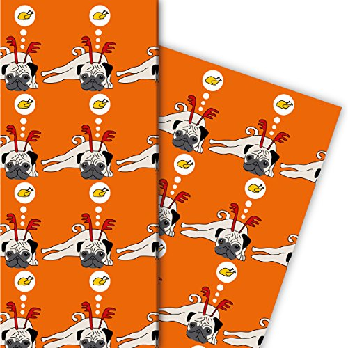 Designer Geschenkpapier Set (4 Bogen) | Dekorpapier mit Weihnachts Mops und Hendl, orange, für tolle Geschenk Verpackung und Überraschungen zu Nikolaus, Advent, Weihnachten u.v.m. 32 x 48cm