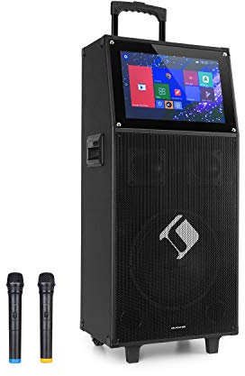 AUNA KTV Système Karaoké : Enceinte Sono Portable, écran Tactile, WiFi, 2 micros UHF sans Fil, Bluetooth, 2X Port USB, SD & Micro SD, HDMI, Sortie AUX, Batterie, Fonction Echo, 2 poignées, Noir