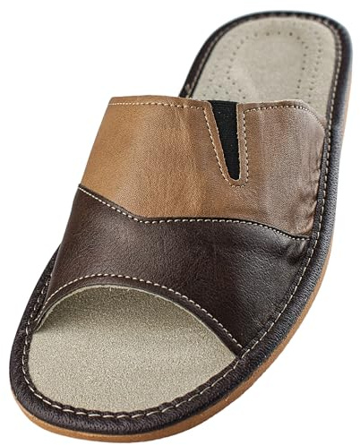 APREGGIO - Ciabatte Estive da Uomo in Pelle Liscia - Pantofole Casa Uomo - Punta Aperta - Slip-On - Suola Piatta - Leggere - Marrone - Taglia 44 EU