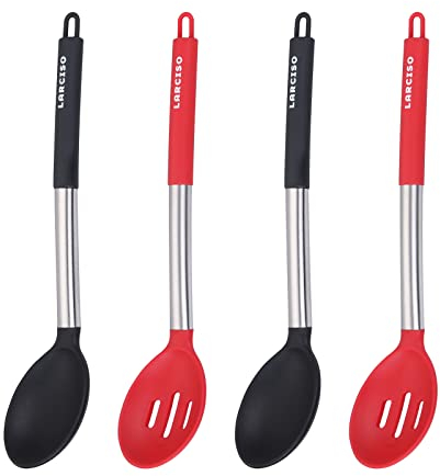 LARCISO Lot de 4 grandes cuillères de cuisine en silicone de qualité alimentaire fendues et solides, cuillères de service antiadhésives, ustensiles de cuisine de 33 cm pour mélanger, servir, cuisiner