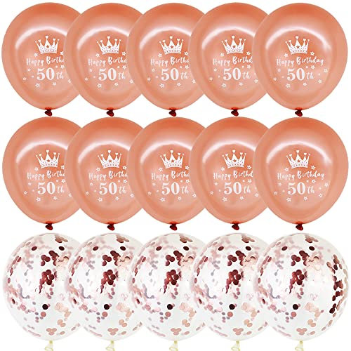 DOJoykey Rose Gold 50th Birthday Party Decoration Balloon Packs, 15pcs Rose Gold Happy Birthday Printed Latex Balloons and Confetti Balloons for 50th Birthday