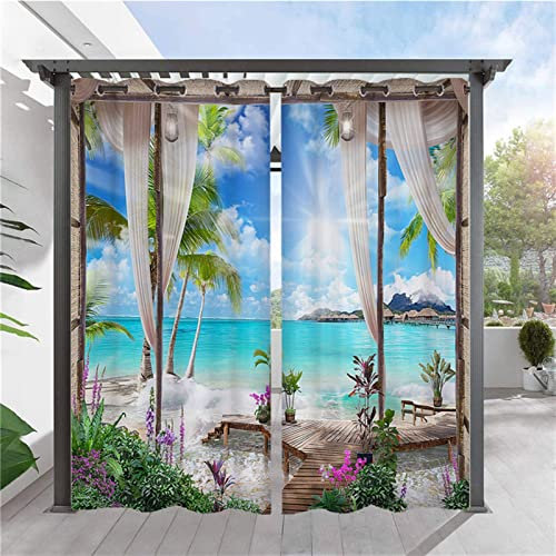 SK Studio 2 Stück Outdoor Vorhang Wetterfest Wasserdicht Sichtschutz Sonnenschutz Vorhang mit Strand-Ozean-Druckmuster für Balkon Terrasse Veranda Pergola Gartenlaube Stil 10, 230x270cm