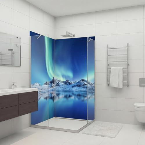 dedeco Eck-Duschrückwand wasserfest Motiv: Polarlicht V2, UV-Lack glänzend, 2x 100x200 cm, Badrückwand zum Fliesenersatz, als Dekorwand, Wandverkleidung und Duschplatte aus Aluminium - Made in Germany
