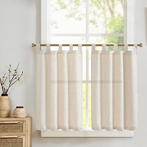 Vangao Scheibengardinen Modern Küche Beige Gardinen Kurz Bistrogardine 2er Set 70Bx90H cm mit Schlaufen Landhaus Halbtransparente Leinenoptik Küchengardinen
