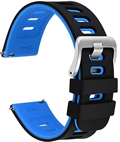 WOCCI 22mm Zweifarbig Uhrenarmband, Silikon Kautschuk, Ersatzband für Herren und Damen, Silberne Edelstahlschnalle (Schwarz-Blau)