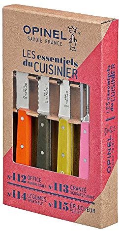 Opinel Küchenmesser- Set du cuisinier 4-teilig, rostfreier Sandvik-Stahl, Schälmesser, Gemüsemesser, Obstmesser, Sparschäler, Bunt