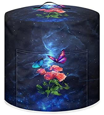 Poceacles Rose Butterflies Galaxy Print Pressure Cooker Cover for Crock Pot Rice Cooker Air Fryer and Steamer, 6 Quart Dust Cover with Pocket for Spoon/Cooking Utensils/Recipes, M