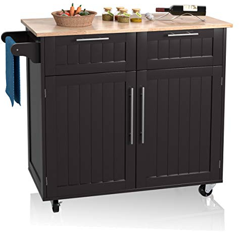 COSTWAY Carrito de Cocina, Carro de Cocina Giratorio con Cajones de Almacenamiento y Grandes Armarios, Carro de Servir, 4 Ruedas Universales y Toallero, 94 x 45 x 94,5cm (Marrón)
