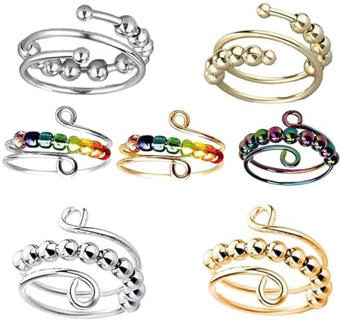 7 Stück Anti Stress Ring Linderung von Ängsten Fidget Ring Calm Ring Verstellbare Anti Stress Ring Stapelbare Ringe Mit Perlen Anti Stress Anxiety Ring Stressringe für Frauen Männer