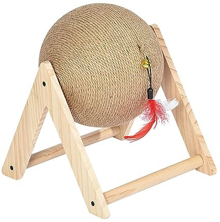 MagiDeal Jouets pour Petits Animaux, Boule à Gratter pour Chat Con Support en Bois, Cadre Triangulaire, Interactif avec Cloche Et Plume, pour Chatons D'intérieur