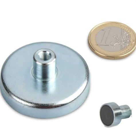 5 x Ferrit Flachgreifer Ø 50,0 mm x 10,0 mm mit Gewindebuchse M4 x 10 mm - hält 22,0 kg - 5 Stück - Topfmagnete mit Gewinde-Buchse (Innengewinde)