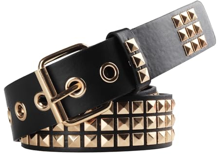SNCEAW Studded Belt, Metal Punk Rock Rivet Belt with Bright Pyramid Studded for Women Men, Gold, Fit Pant 31-36 inch