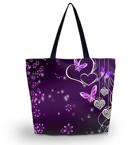AOKSUNOVA Einkaufstasche Faltbar Stofftasche mit Reißverschluss Bedruckt Shopping Bag Damen Blume Lila