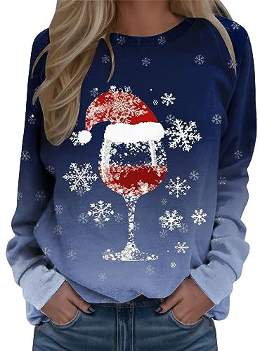 Grafischer Weihnachtspullover, Weinglas für Damen, Glitzer, modisch, Weihnachtsmütze, Pullover, Sweatshirts, Rundhalsausschnitt, Kelchdruck, lange Ärmel, Weinglas mit Weihnachtsmannmütze,