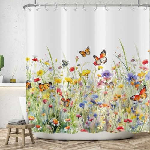 ASDCXZ Blumen Duschvorhang 180x200 cm, Frühling Aquarell Gelb Lila Rose Bunt Blumen Schmetterling Weiß Bad Waschbar Duschvorhänge Polyester Textil Wasserdicht Badevorhang für Badewanne mit 12 Haken