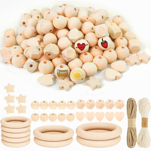 Sheryl&Rain 131 Pièces Perles en Bois, Kit de Perle en Bois Naturel avec Trou, Perle Plate Kit Macramé avec Corde, Perle Ronde En Bois, Anneaux en Bois pour Bricolage Bracelet Pendentif