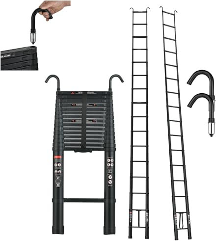 6.2M/20.3FT Telescopic Ladder Loft Ladder with 2 Hooks, Aluminium Extension Foldable Ladder Multi Purpose Ladder with Adjustable Height, Non-Slip Feet for Household, Max Load 150kg/330lb, Black