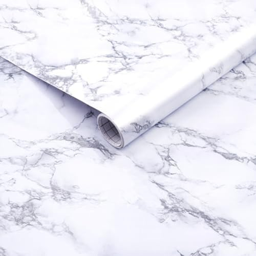 Arthome Weiß Klebefolie Marmor Folie 90cmx3m Abziehen und Aufkleben Tapete Selbstklebende Vinyl Dekorative Folie für Möbel Schreibtisch, Küche Arbeitsplatte, Regal Liner Cover Oberflächen