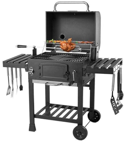 Barbecue-Grill, Tragbarer Holzkohlegrill mit Rad und 2 Klapptischen, Thermometer und Verstellbarer Holzkohleschale, Großer Grill-Smoker für Party, Picknick,