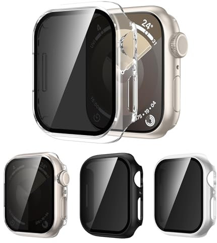 [3Piezas] Kamita Funda para Apple Watch 9 8 7 45mm con Protector de Pantalla de Cristal Templado de Privacidad, Duro PC Bumper Case con Antiespía Película Carcasa para iWatch 45mm (Claro+Negro+Plata)