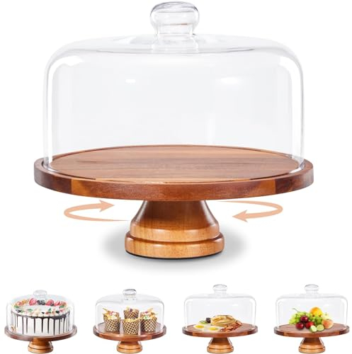 Yangbaga Soporte de cristal para tartas con tapa, soporte giratorio de madera de 11 pulgadas con cubierta de cúpula, bandeja de servidor para cumpleaños, cocina, fiesta, regalos de horneado