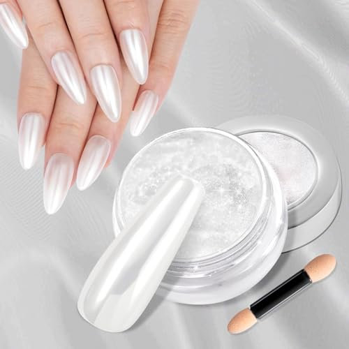 BISHENGYF Pearl Chrome Nail Powder【2g High Capacity】White Glassy Nail Chrome Powders, Aurora Ice Chrome Powder for Nails, Glazed Donut Nail Powder Glitter, Mirror Effect Pigment for Nail DIY Manicure