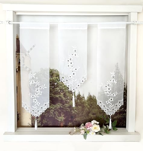 Devola Scheibengardinen 3er Set Scheibenhänger Gardine Bistrogardine mit Stickerei Panneaux Gardinen Küche Miniflächenvorhänge Kurzgardinen Transparent HxB 70-50-70x20cm Grau 3 Stück