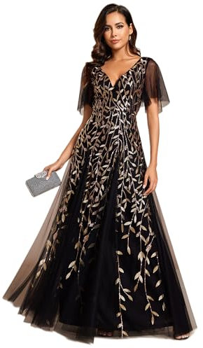 Ever-Pretty Women's V Neck Short Sleeve Elegant Floor Length A Line Long Tulle Evening Dresses Plus Size Black Gold 20UK
