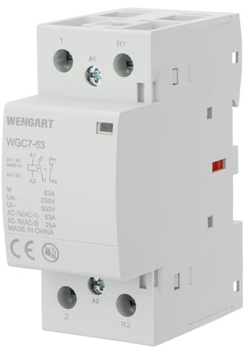 Wengart Contattore Silenzioso 63A, Bobina 24V AC/DC Universale, 2 Poli (1NO + 1NC), Larghezza 36mm (2 Moduli DIN), Interruttore di Controllo per Illuminazione, Motori e Domotica, Bianco