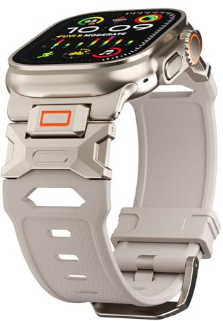 FUNSTONE Sport Band for Apple Watch Ultra 2 & Ultra 49mm, FKM Rugged Ultra 2 Watch Bands for Men, Stainless Steel Fluoro Rubber Wristband, Men's Military Sport iWatch Replacement Strap (Starlight)