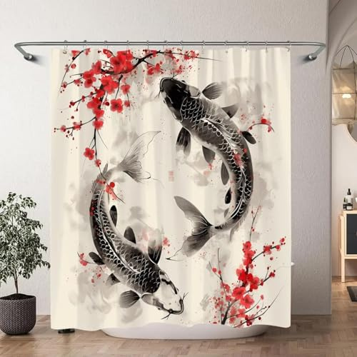 AJALGZ Rideau de Douche avec Peinture à l'encre de Koi Japonaise Chinoise, Rouge, Fleur de Cerisier, Vague, Aquarelle, Peinture de Poisson, Rideaux de Bain 170x200 cm (L x H)-200 cm de Longueur